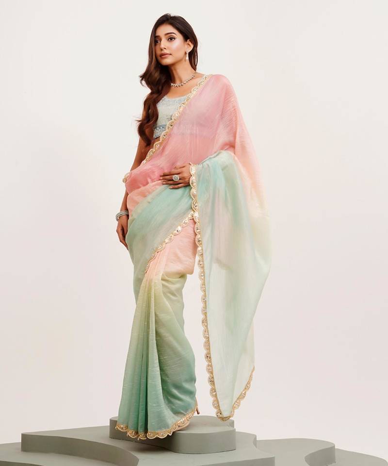 Pink and green ombre sequinned tissue saree