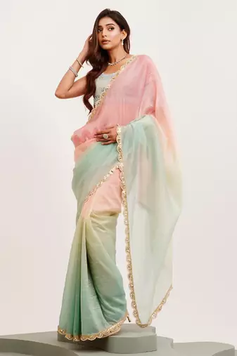 Pink and green ombre sequinned tissue saree