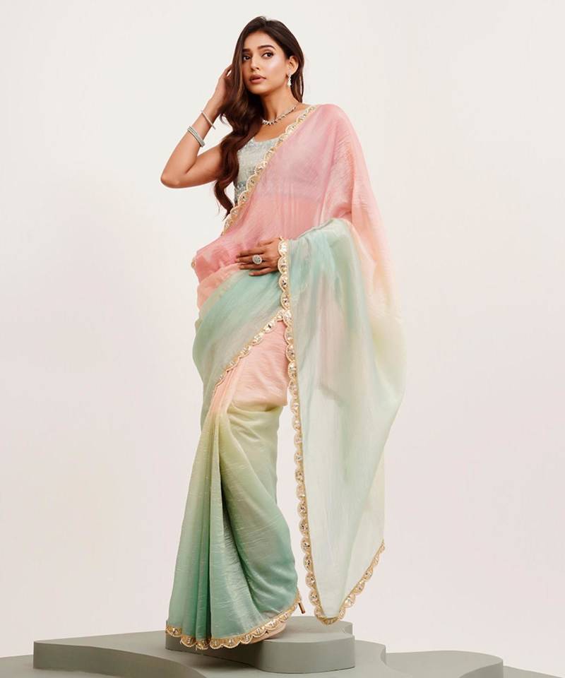 Pink and green ombre sequinned tissue saree