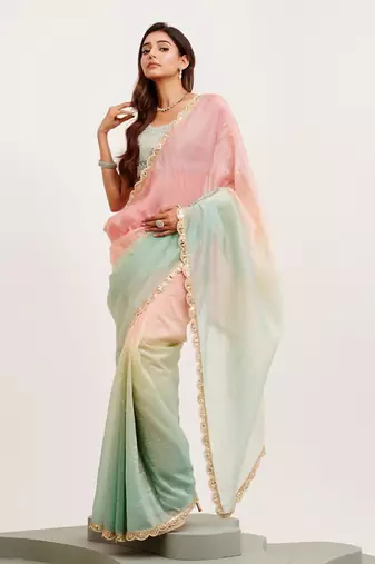 Pink and green ombre sequinned tissue saree