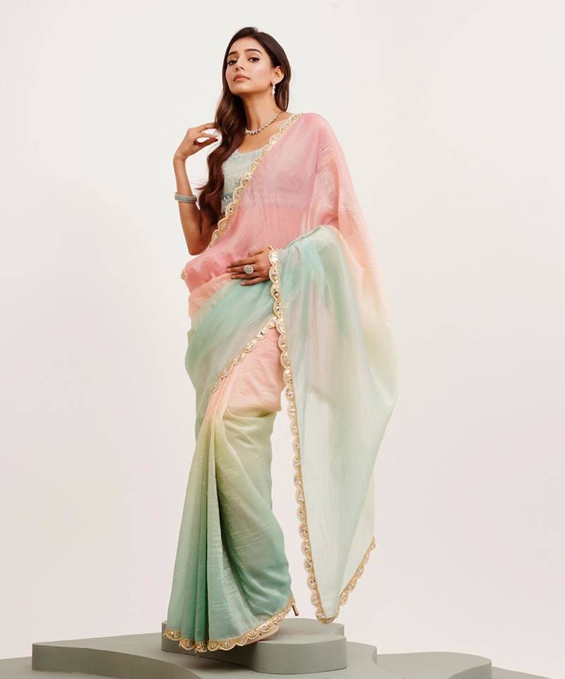 Pink and green ombre sequinned tissue saree