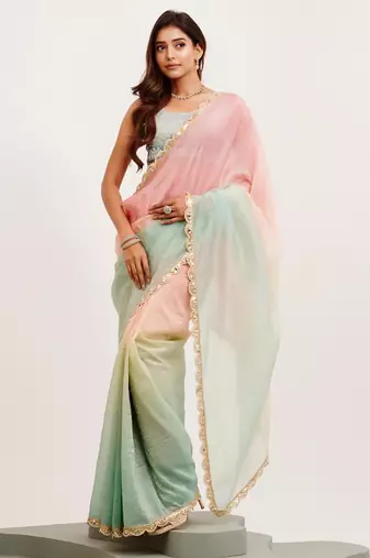 Pink and green ombre sequinned tissue saree