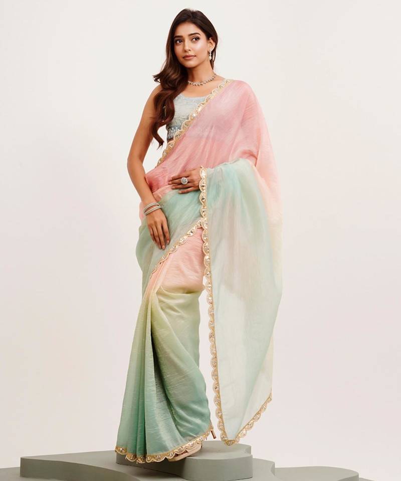Pink and green ombre sequinned tissue saree