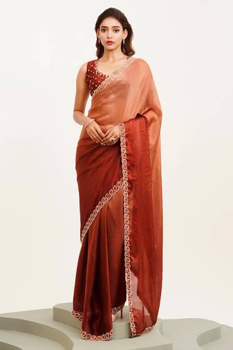Brown ombre beads and stones satin saree with blouse