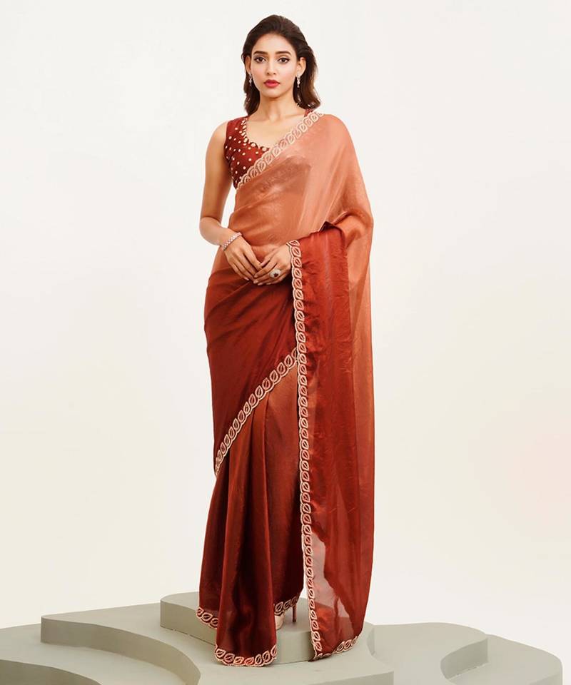 Brown ombre beads and stones satin saree with blouse
