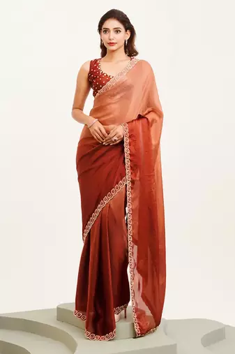 Brown ombre beads and stones satin saree with blouse