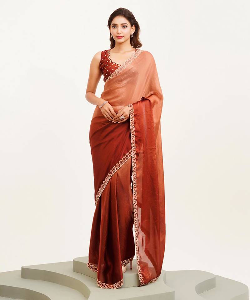 Brown ombre beads and stones satin saree with blouse