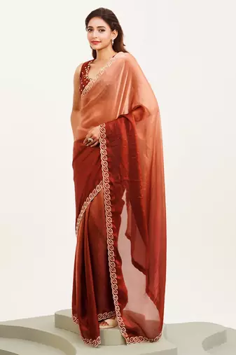 Brown ombre beads and stones satin saree with blouse