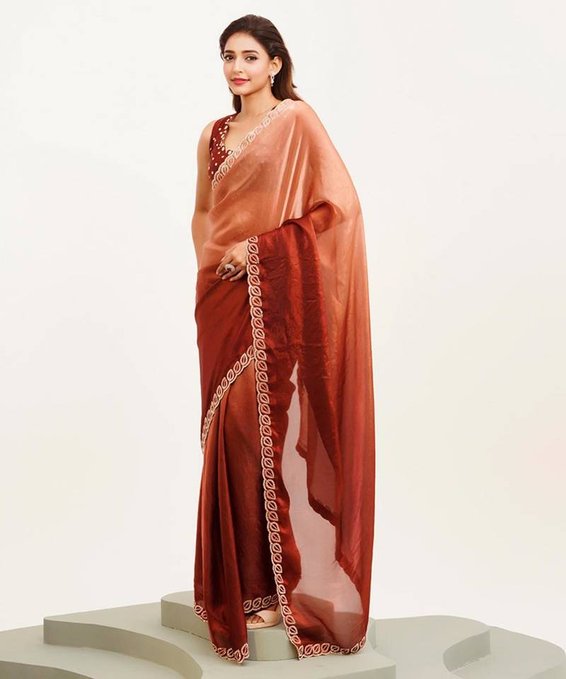 Brown ombre beads and stones satin saree with blouse