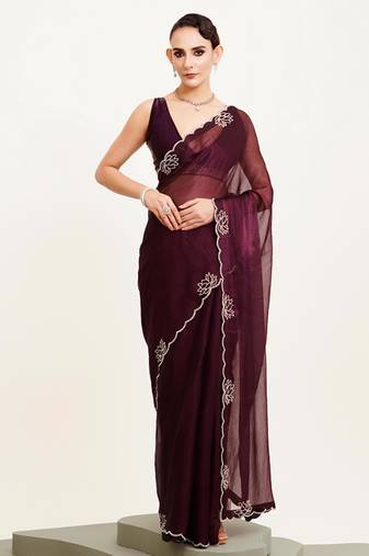 Wine beads and stones satin embellished saree with blouse