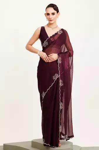 Wine beads and stones satin embellished saree with blouse