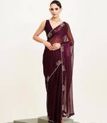 Wine beads and stones satin embellished saree with blouse