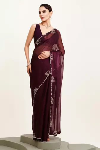 Wine beads and stones satin embellished saree with blouse