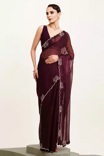 Wine beads and stones satin embellished saree with blouse