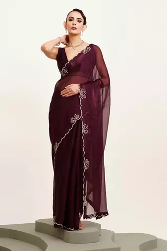 Wine beads and stones satin embellished saree with blouse