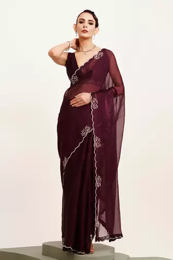 Wine beads and stones satin embellished saree with blouse