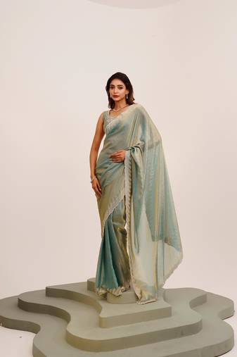 Metallic embellished beads and stones satin saree with blouse