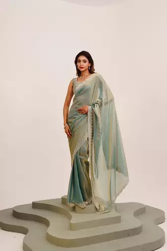 Metallic embellished beads and stones satin saree with blouse