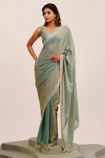 Metallic embellished beads and stones satin saree with blouse