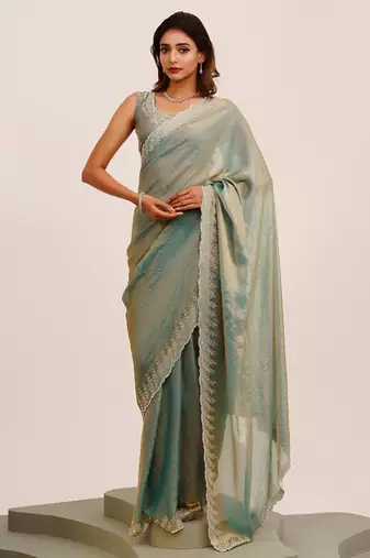 Metallic embellished beads and stones satin saree with blouse