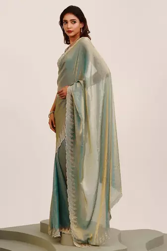 Metallic embellished beads and stones satin saree with blouse