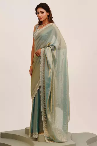 Metallic embellished beads and stones satin saree with blouse