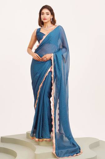 Blue embellished georgette saree with blouse