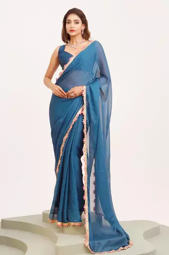Blue embellished georgette saree with blouse