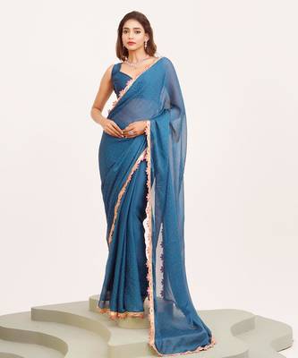 Blue embellished georgette saree with blouse 2