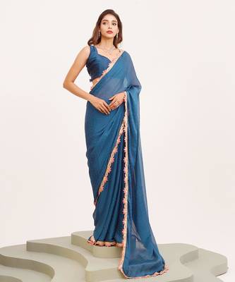 Blue embellished georgette saree with blouse 4