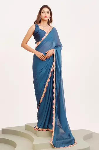 Blue embellished georgette saree with blouse