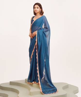 Blue embellished georgette saree with blouse 5