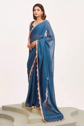 Blue embellished georgette saree with blouse
