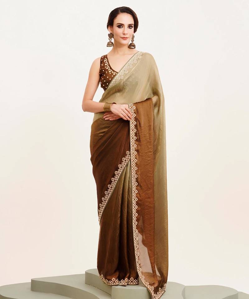 ombre beads and stones satin saree with blouse