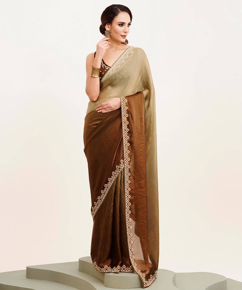 ombre beads and stones satin saree with blouse