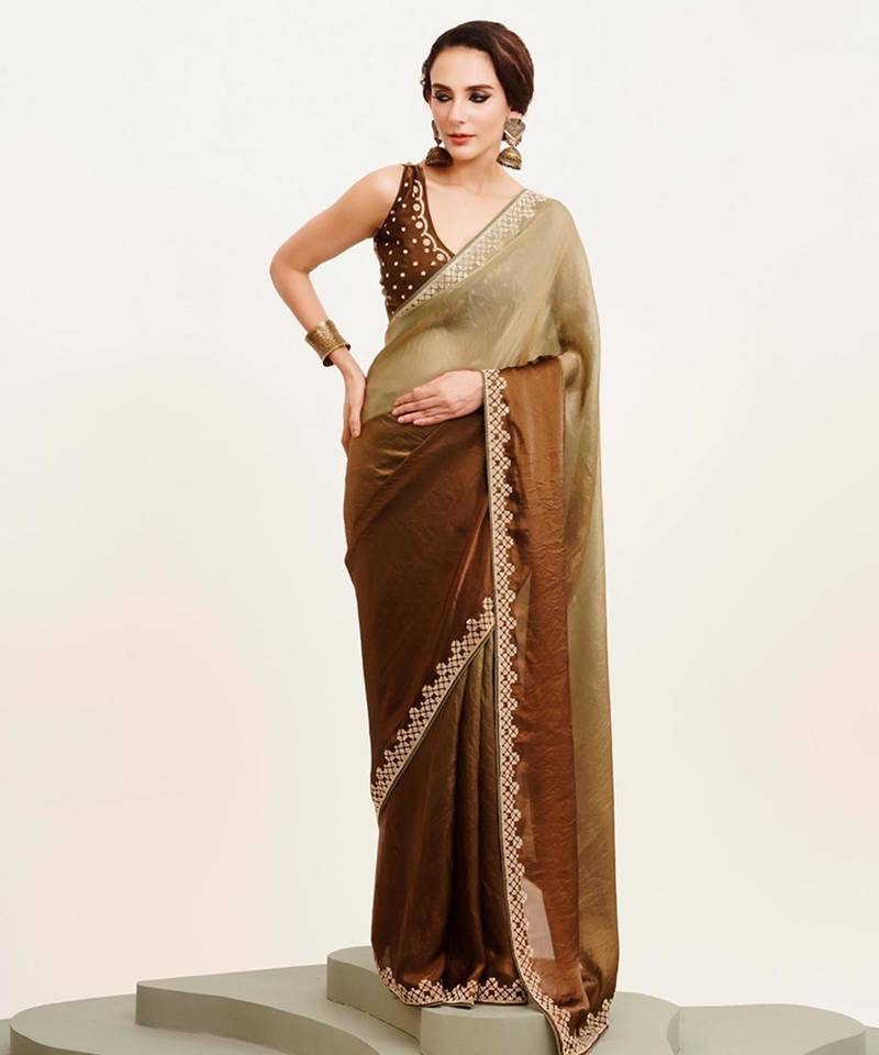 ombre beads and stones satin saree with blouse
