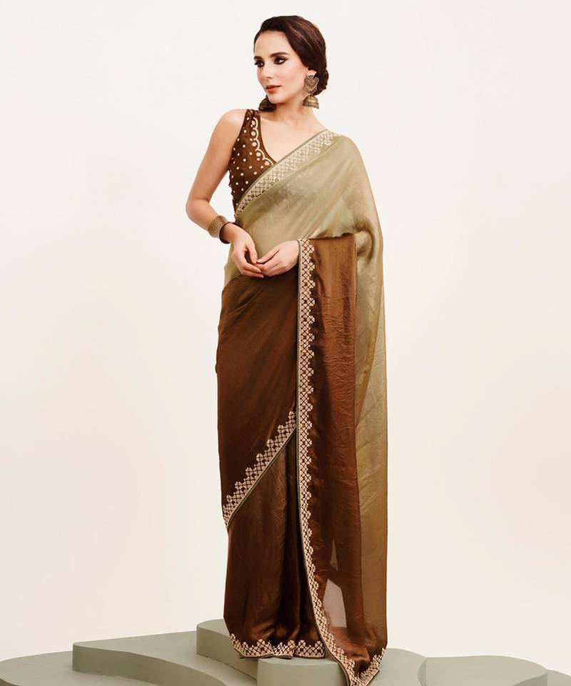 ombre beads and stones satin saree with blouse