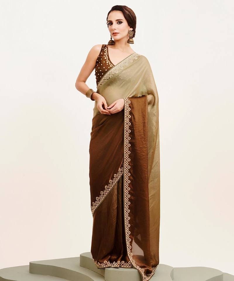 ombre beads and stones satin saree with blouse
