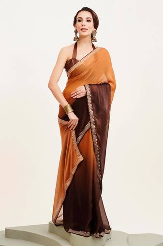 Brown ombre dyed beads and stone embellished saree with blouse