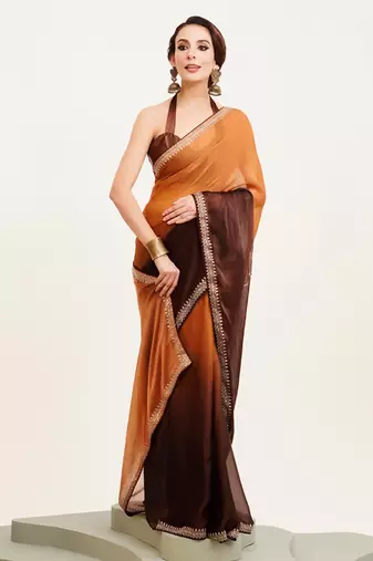 Brown ombre dyed beads and stone embellished saree with blouse