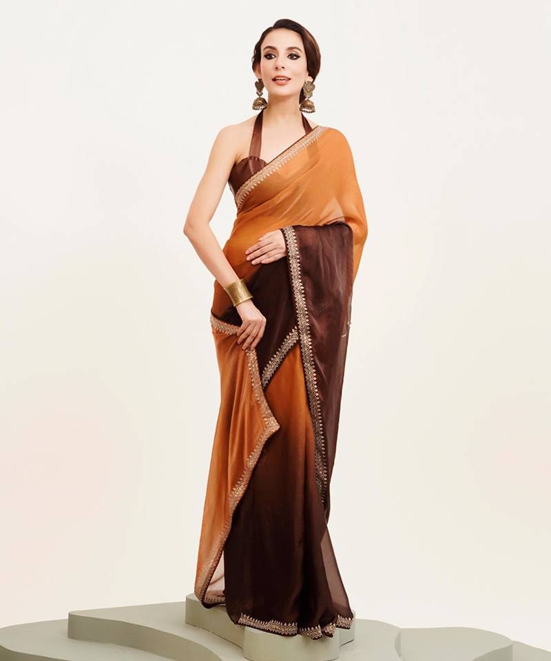 Brown ombre dyed beads and stone embellished saree with blouse