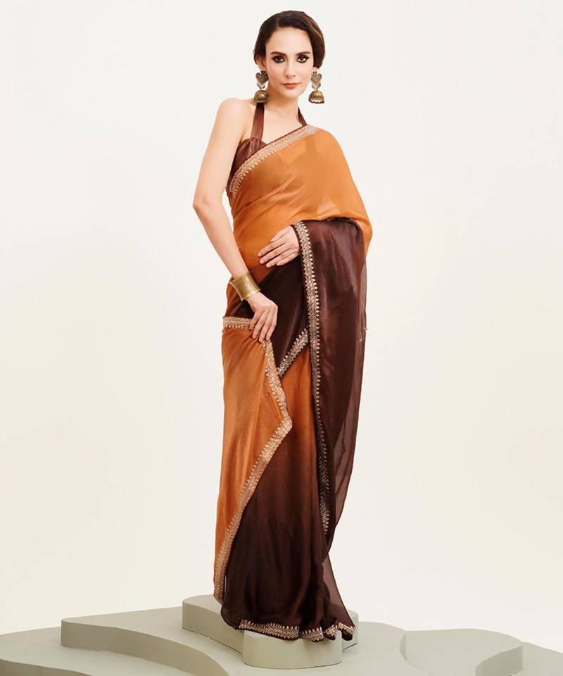 Brown ombre dyed beads and stone embellished saree with blouse