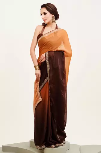Brown ombre dyed beads and stone embellished saree with blouse