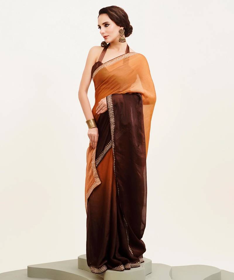 Brown ombre dyed beads and stone embellished saree with blouse