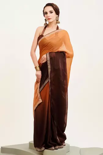 Brown ombre dyed beads and stone embellished saree with blouse