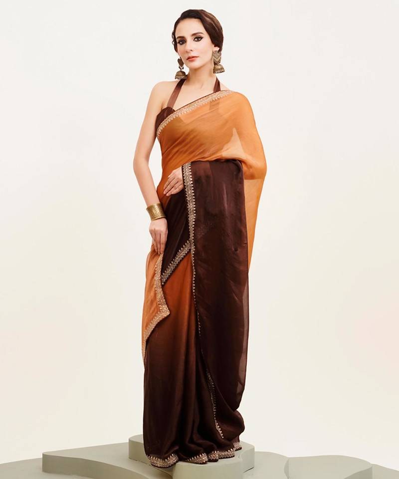 Brown ombre dyed beads and stone embellished saree with blouse