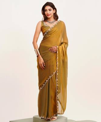 Rust embellished beads and stones satin saree with  blouse 3