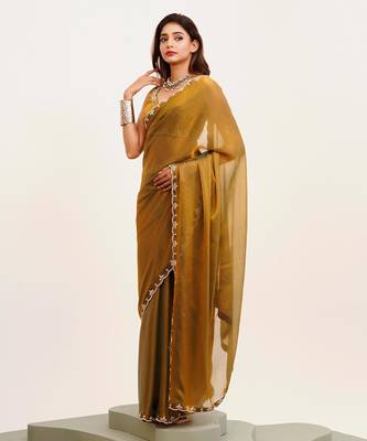 Rust embellished beads and stones satin saree with  blouse 4