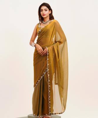 Rust embellished beads and stones satin saree with  blouse 5