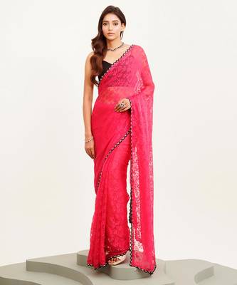 Pink floral brasso designer saree with blouse 1